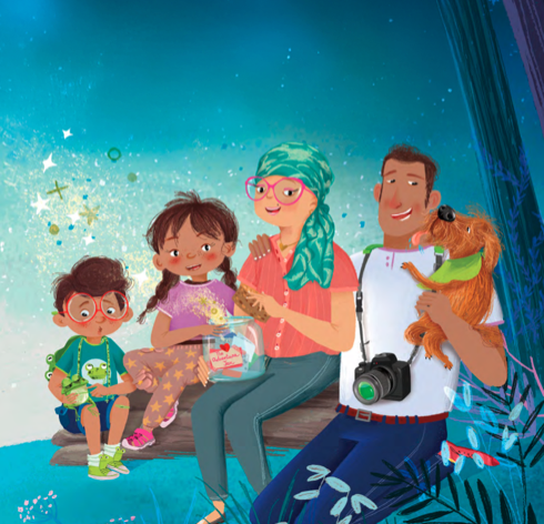 Smiling family scene with a woman in a headscarf, two children, and a pet dog, representing TNBC care and hope in Canada.