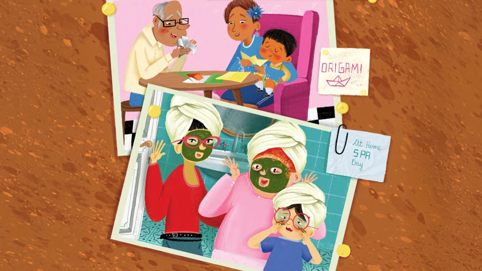 Artwork showing playful family moments, highlighting emotional wellness and TNBC support in Canada.