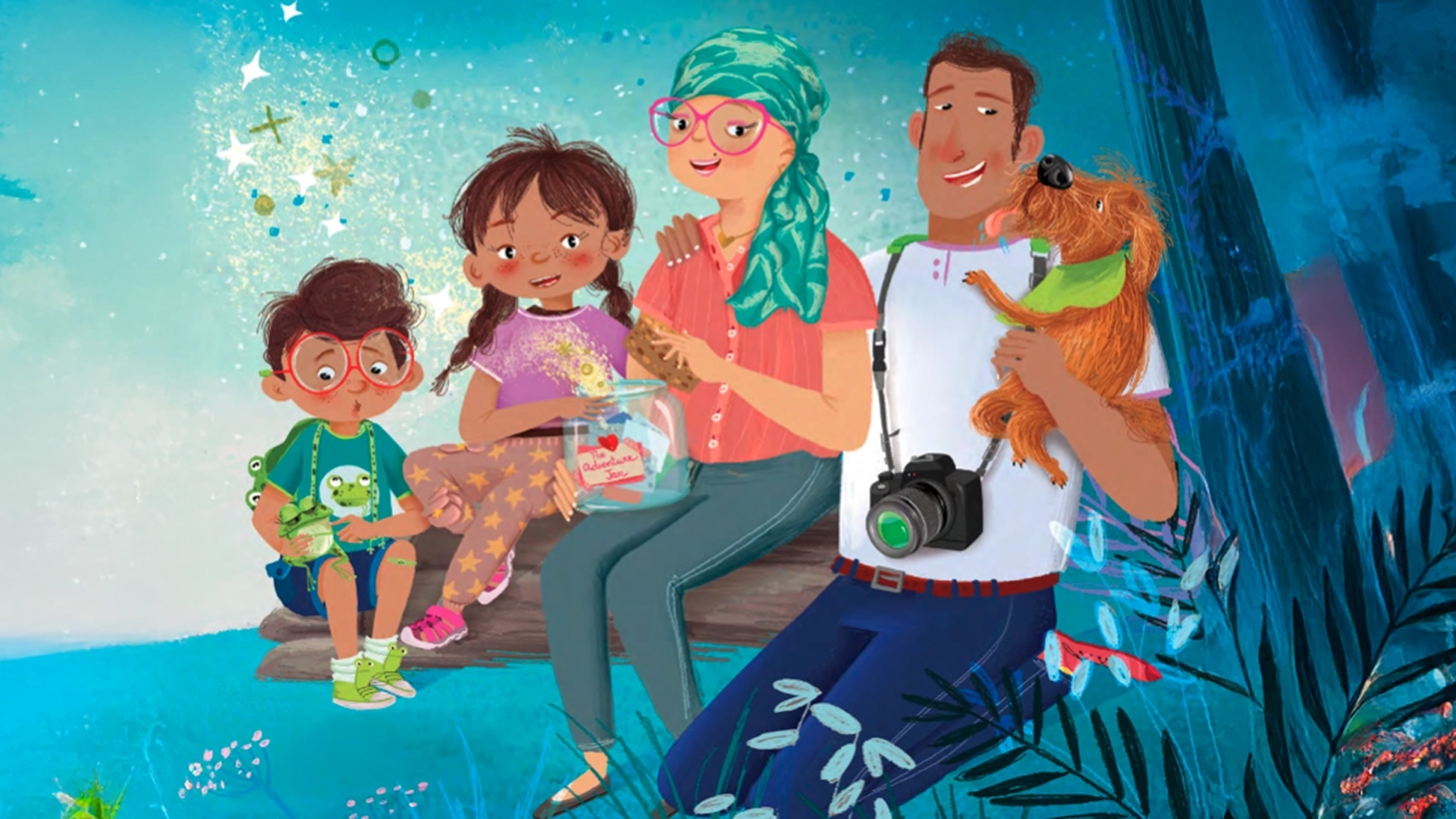 Smiling family scene with a woman in a headscarf, two children, and a pet dog, representing TNBC care and hope in Canada.